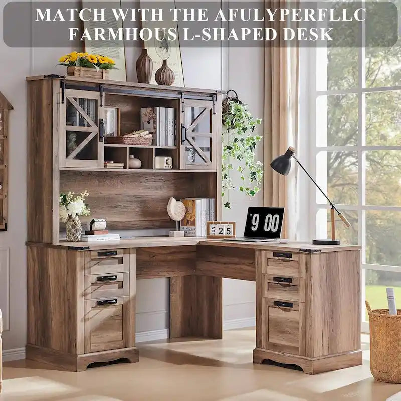 Credenza da scrivania da fattoria con ante scorrevoli singole, color rovere scuro anticato/rovere naturale