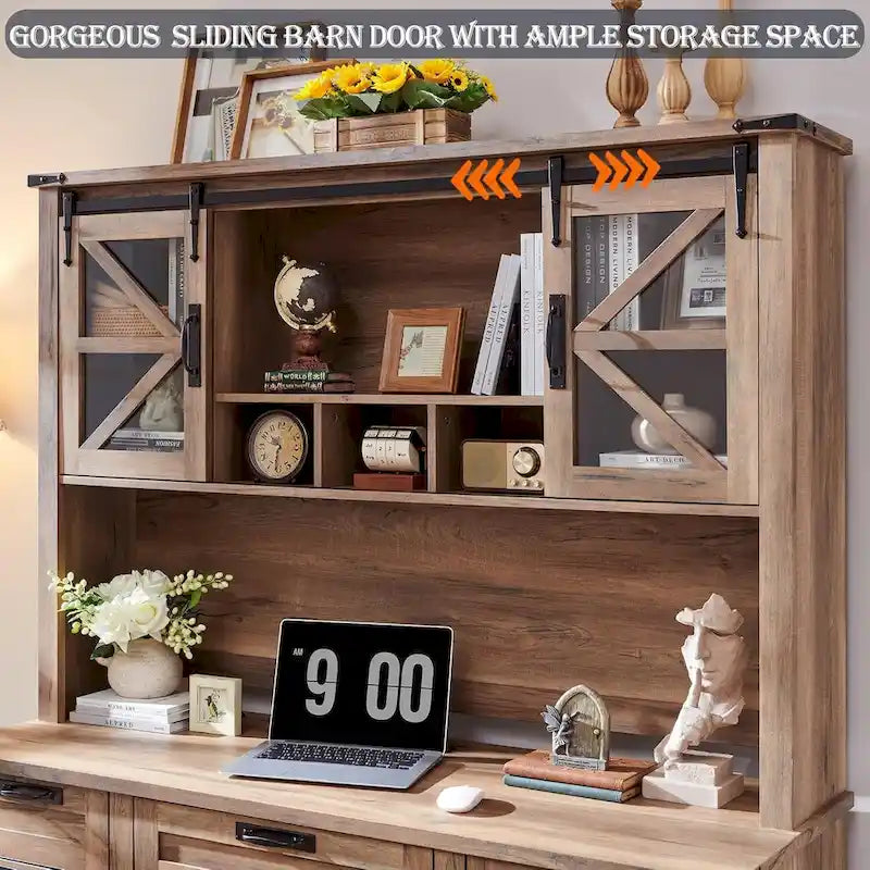 Credenza da scrivania da fattoria con ante scorrevoli singole, color rovere scuro anticato/rovere naturale