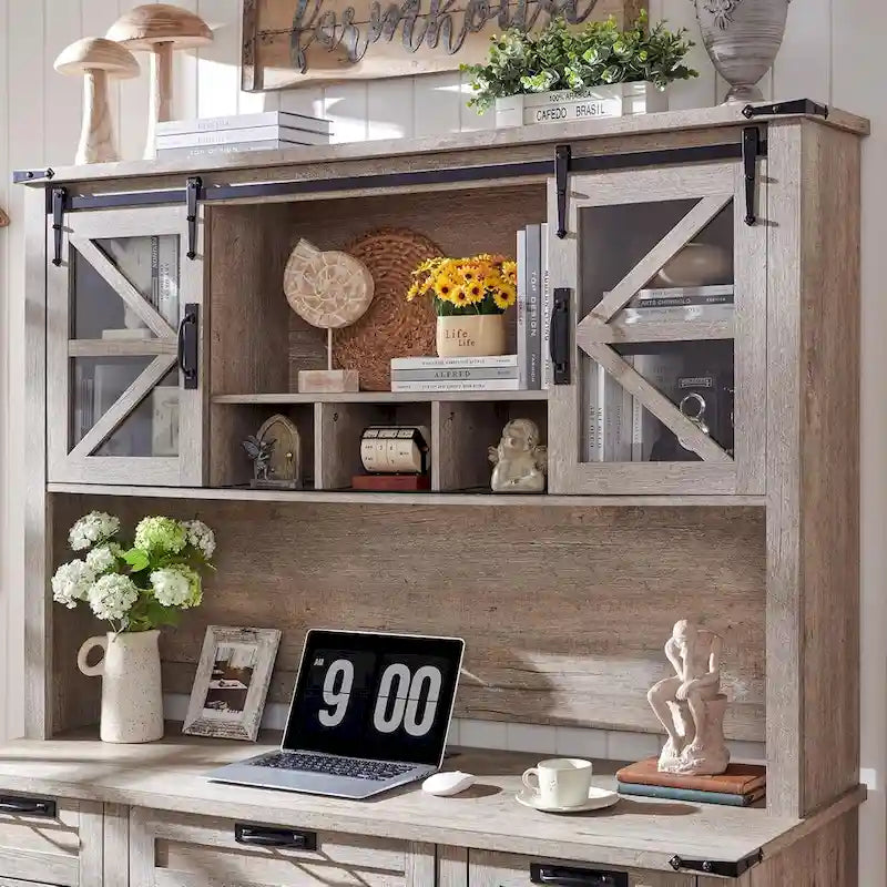Credenza da scrivania da fattoria con ante scorrevoli singole, color rovere scuro anticato/rovere naturale