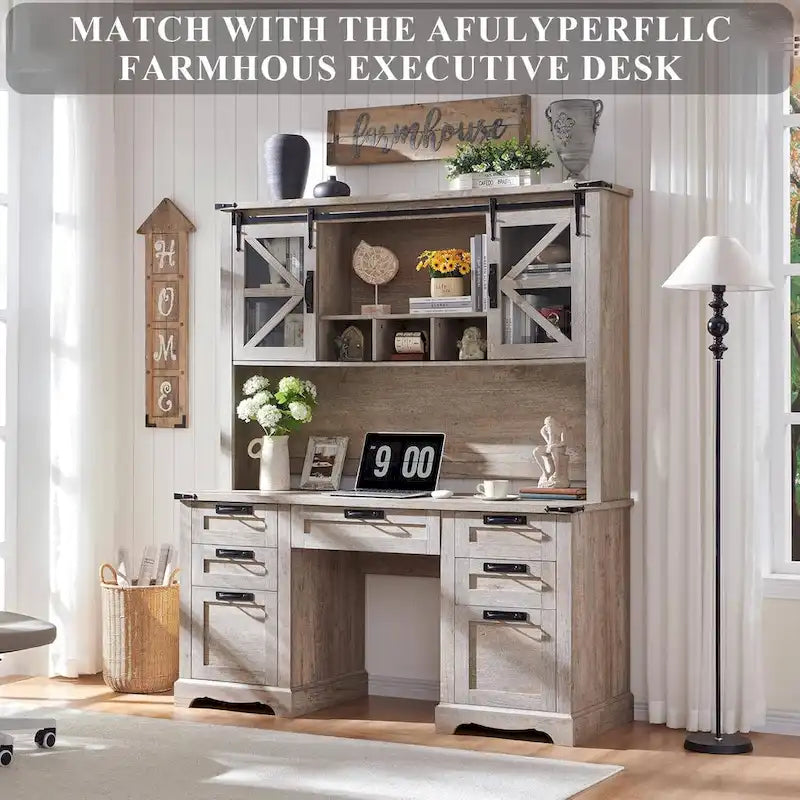 Credenza da scrivania da fattoria con ante scorrevoli singole, color rovere scuro anticato/rovere naturale