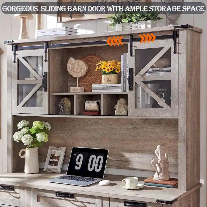 Credenza da scrivania da fattoria con ante scorrevoli singole, color rovere scuro anticato/rovere naturale