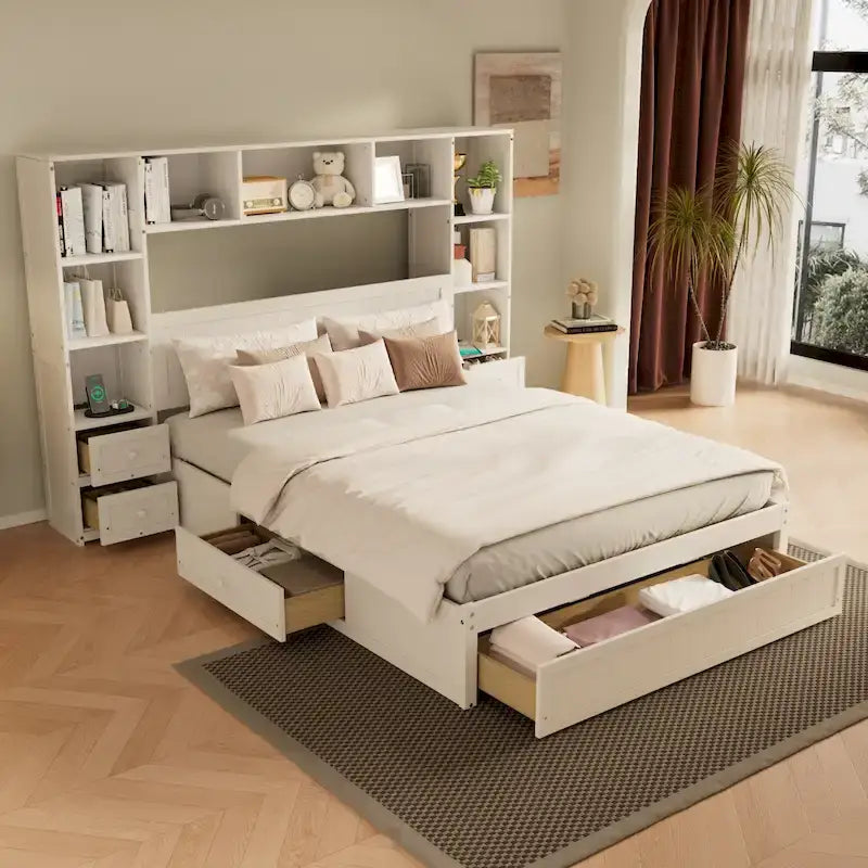 Letto a piattaforma matrimoniale bianco con cassetti contenitore, comodini e stazioni di ricarica, per 1-2 persone