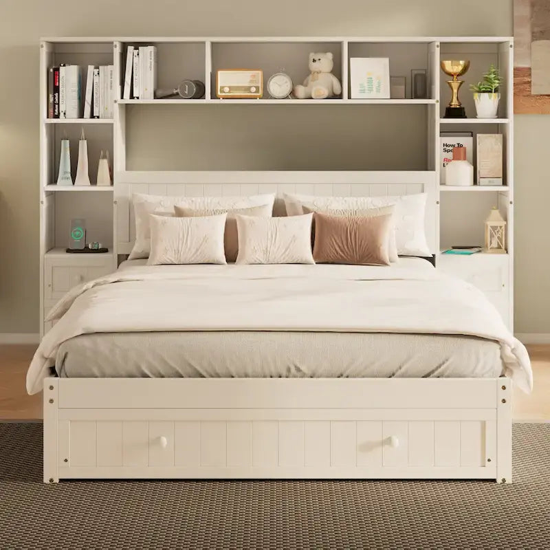 Letto a piattaforma matrimoniale bianco con cassetti contenitore, comodini e stazioni di ricarica, per 1-2 persone