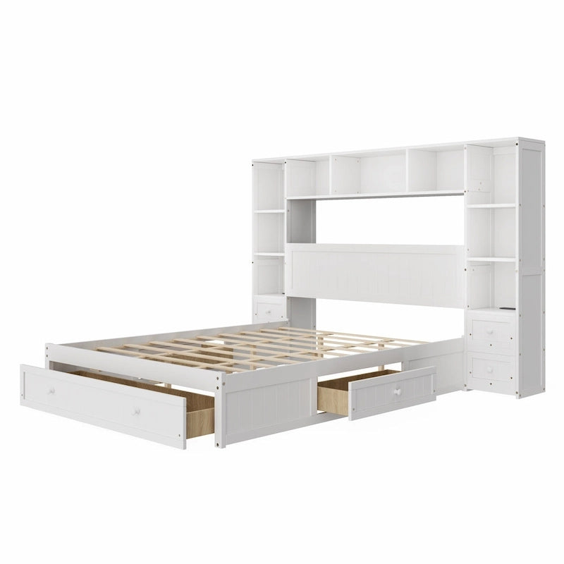 Letto a piattaforma matrimoniale bianco con cassetti contenitore, comodini e stazioni di ricarica, per 1-2 persone