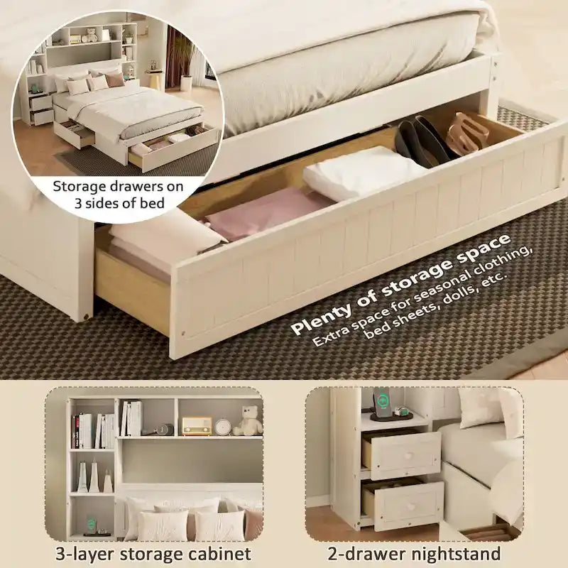 Letto a piattaforma matrimoniale bianco con cassetti contenitore, comodini e stazioni di ricarica, per 1-2 persone