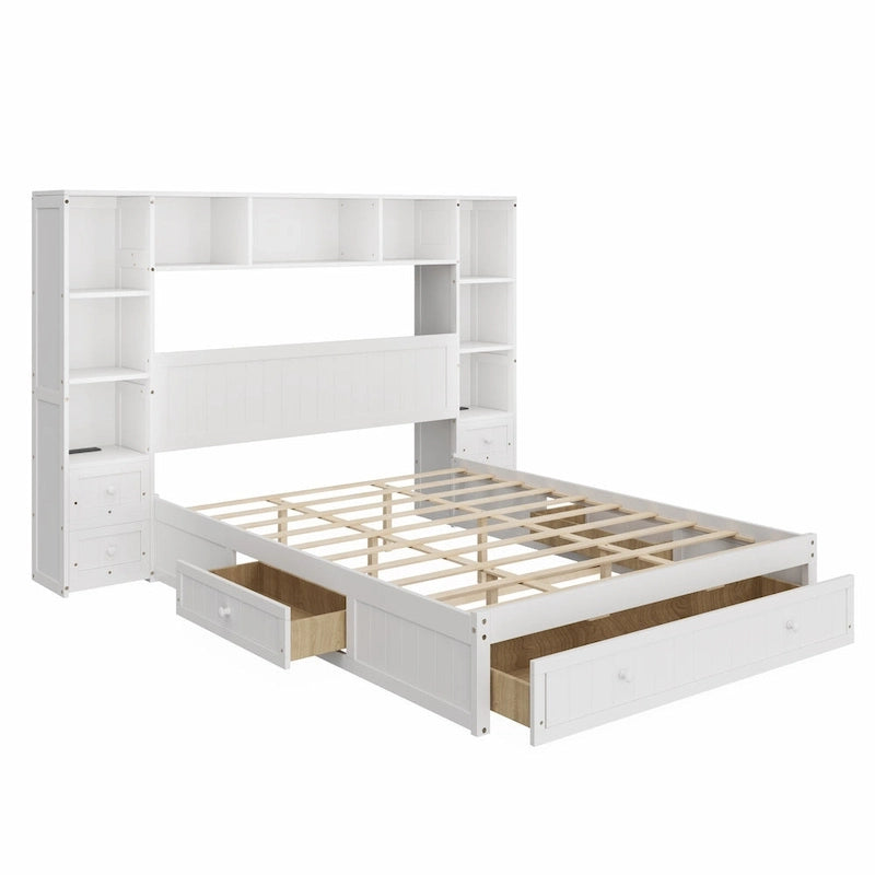 Letto a piattaforma matrimoniale bianco con cassetti contenitore, comodini e stazioni di ricarica, per 1-2 persone