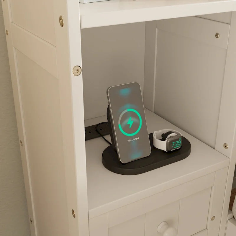 Letto a piattaforma matrimoniale bianco con cassetti contenitore, comodini e stazioni di ricarica, per 1-2 persone