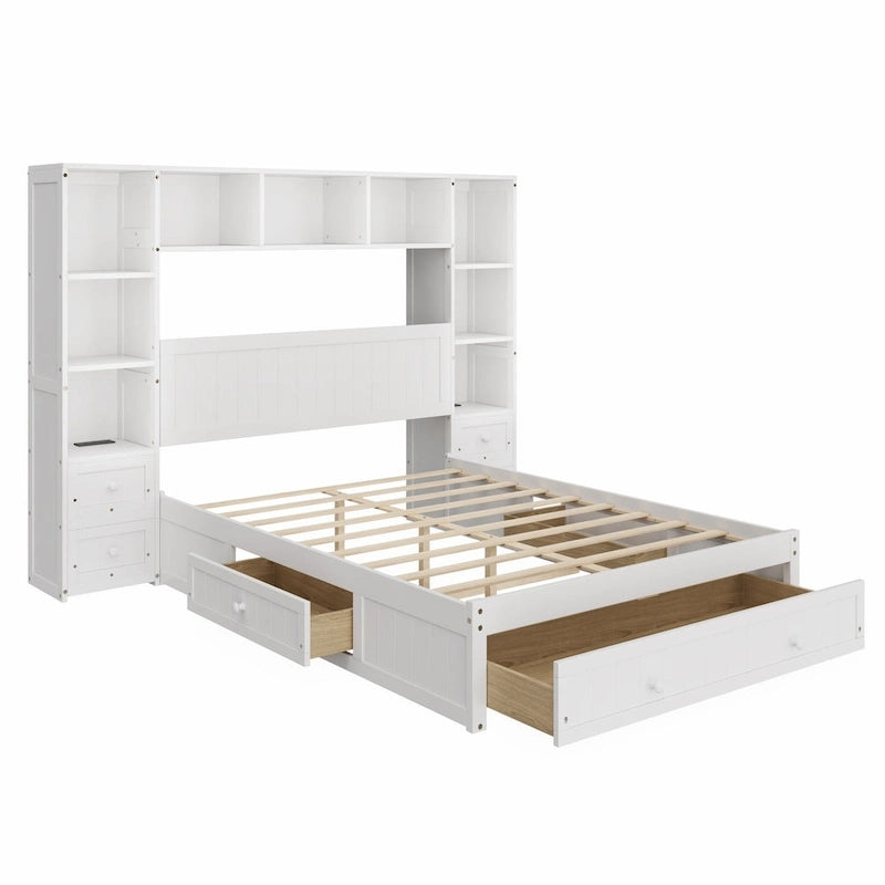 Letto a piattaforma matrimoniale bianco con cassetti contenitore, comodini e stazioni di ricarica, per 1-2 persone