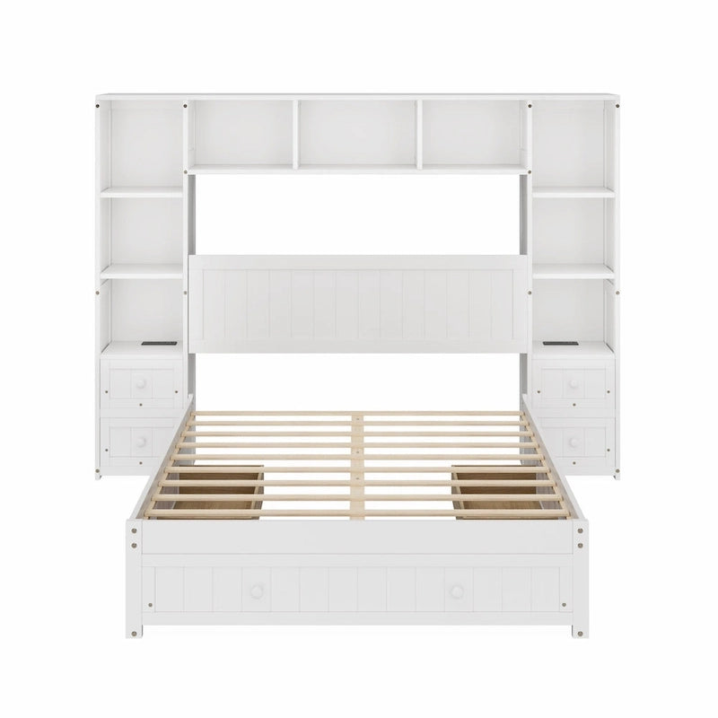 Letto a piattaforma matrimoniale bianco con cassetti contenitore, comodini e stazioni di ricarica, per 1-2 persone