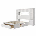 Letto a piattaforma matrimoniale bianco con cassetti contenitore, comodini e stazioni di ricarica, per 1-2 persone