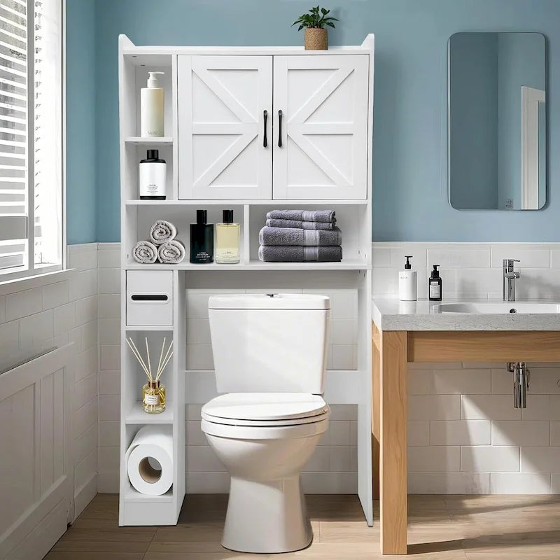 Mobiletto da bagno salvaspazio da mettere sopra il WC, stile rustico, bianco, con ripiani, montaggio a 1 persona