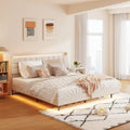 Beige, King, Letto a piattaforma imbottito flottante con LED e contenitore, per 2