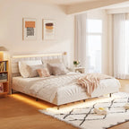 Beige, King, Letto a piattaforma imbottito flottante con LED e contenitore, per 2