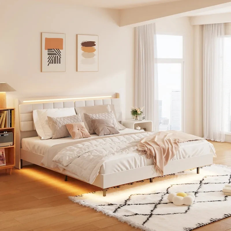 Beige, King, Letto a piattaforma imbottito flottante con LED e contenitore, per 2