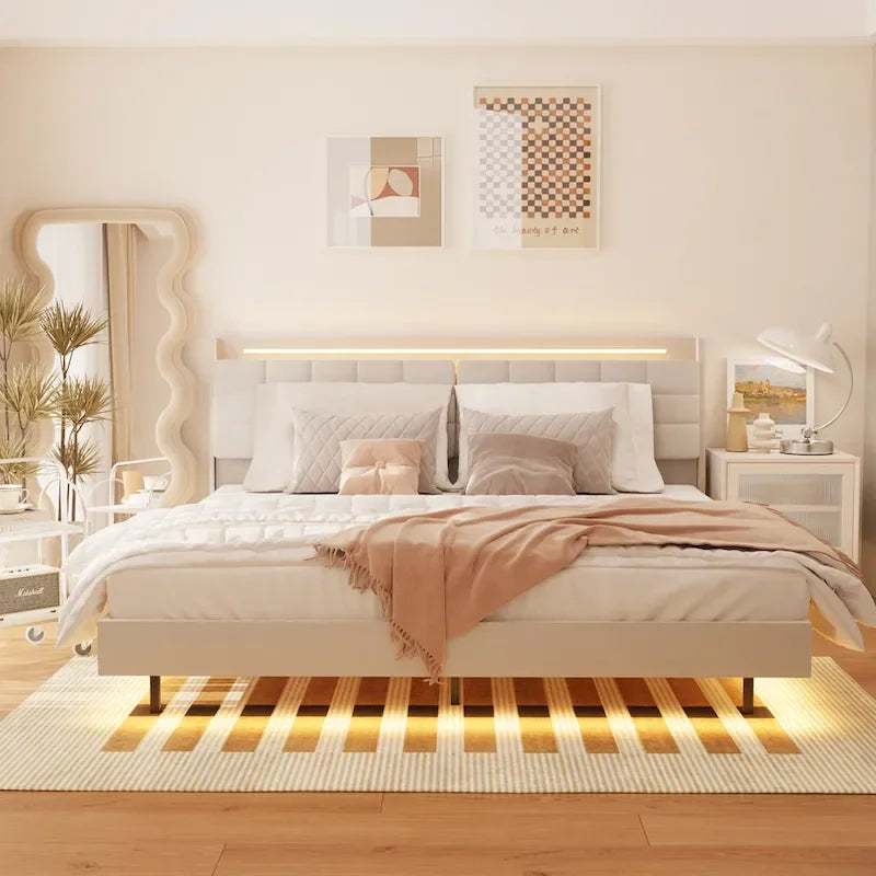 Beige, King, Letto a piattaforma imbottito flottante con LED e contenitore, per 2