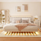 Beige, King, Letto a piattaforma imbottito flottante con LED e contenitore, per 2