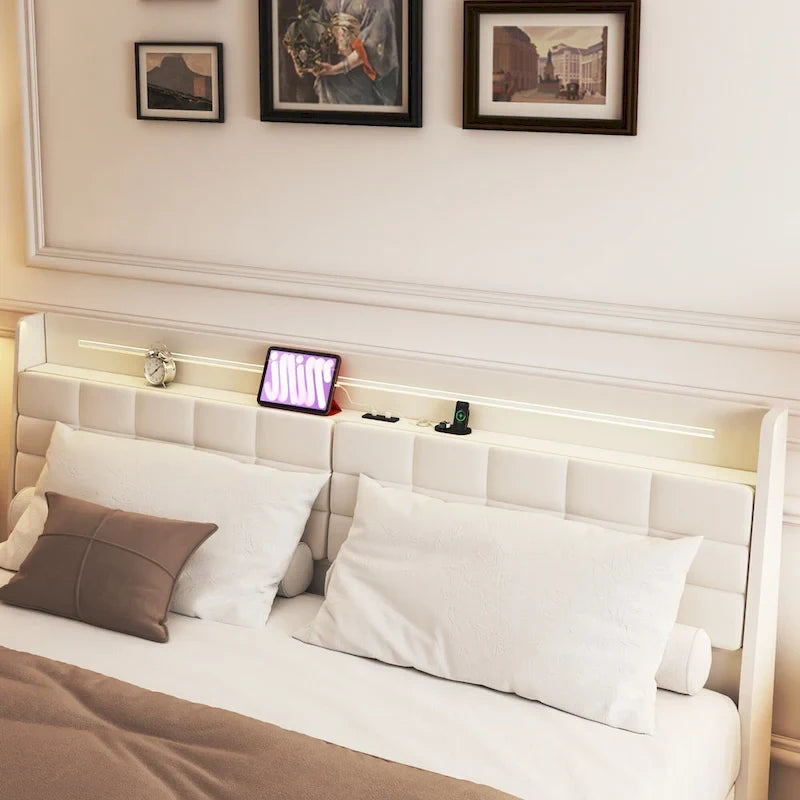 Beige, King, Letto a piattaforma imbottito flottante con LED e contenitore, per 2