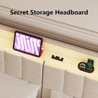 Beige, King, Letto a piattaforma imbottito flottante con LED e contenitore, per 2