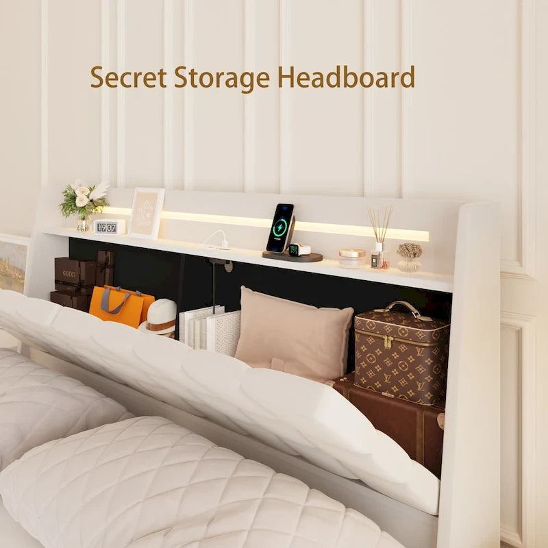 Beige, King, Letto a piattaforma imbottito flottante con LED e contenitore, per 2