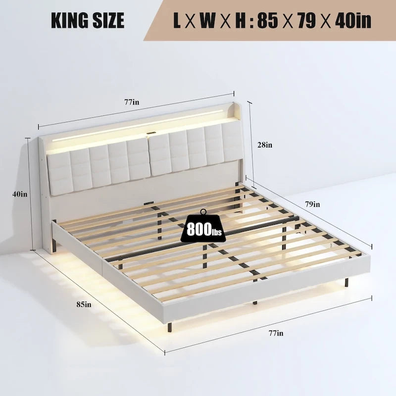 Beige, King, Letto a piattaforma imbottito flottante con LED e contenitore, per 2