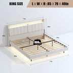 Beige, King, Letto a piattaforma imbottito flottante con LED e contenitore, per 2