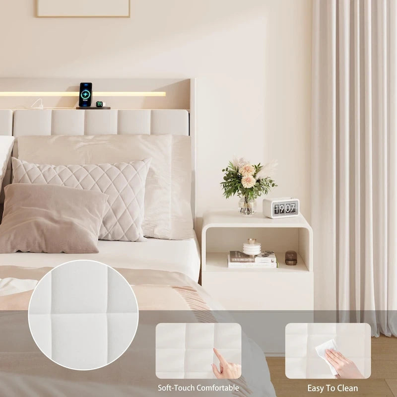 Beige, King, Letto a piattaforma imbottito flottante con LED e contenitore, per 2