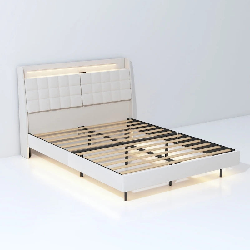 Beige, King, Letto a piattaforma imbottito flottante con LED e contenitore, per 2