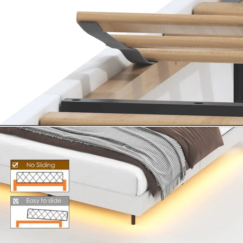 Beige, King, Letto a piattaforma imbottito flottante con LED e contenitore, per 2