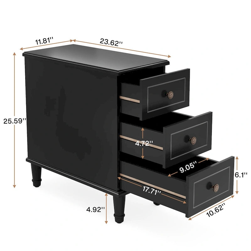 Comodino stretto a 3 cassetti, Marrone scuro / Marrone chiaro / Nero, 1 o 2 pezzi