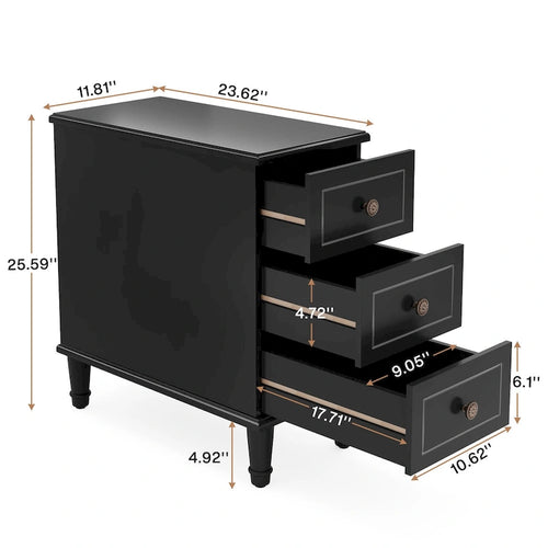 Comodino stretto a 3 cassetti, Marrone scuro / Marrone chiaro / Nero, 1 o 2 pezzi