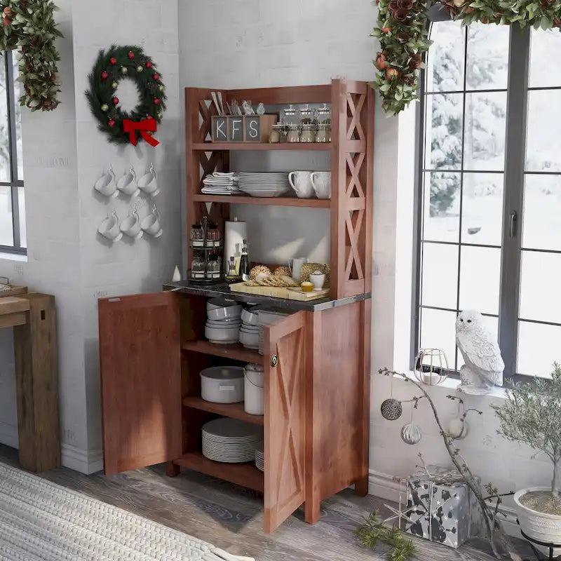 Credenza alta vintage in noce con più vani, stile rustico country, montaggio a 2 persone