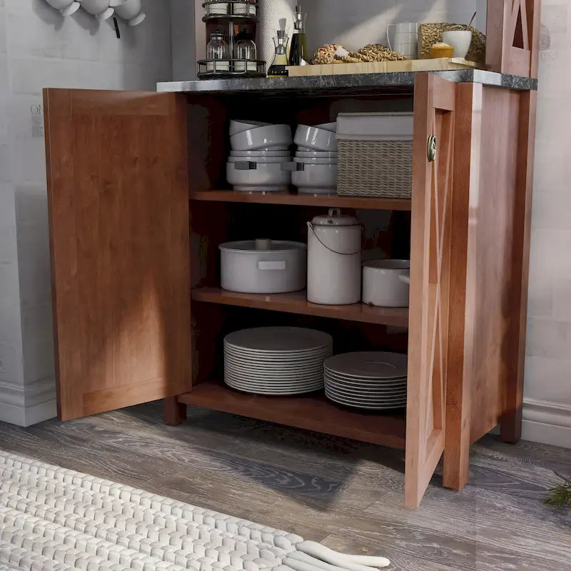 Credenza alta vintage in noce con più vani, stile rustico country, montaggio a 2 persone