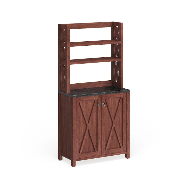 Credenza alta vintage in noce con più vani, stile rustico country, montaggio a 2 persone