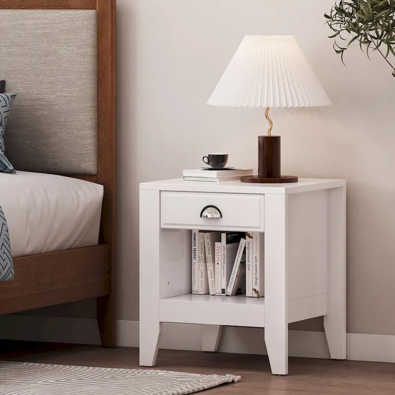Comodino bianco/nero in simil legno con cassetto, da una piazza