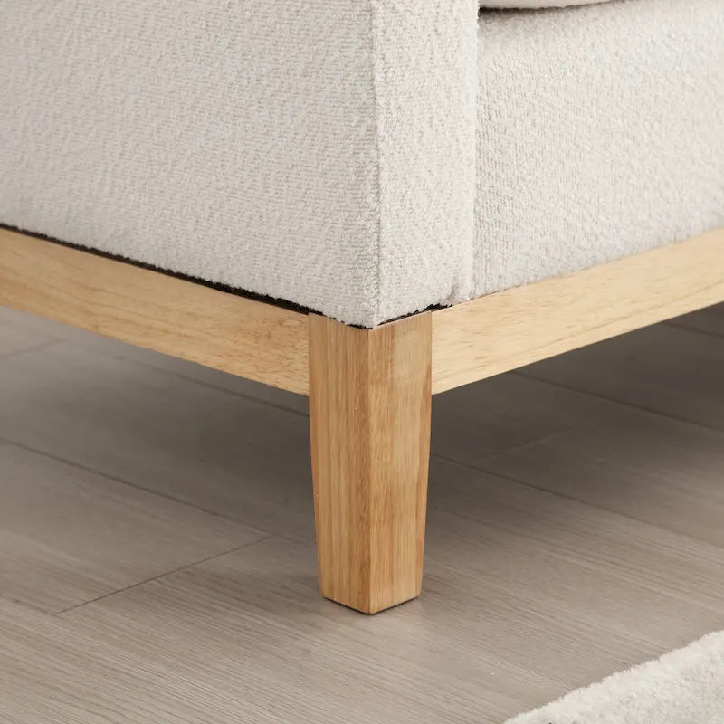 Panca rivestita in tessuto bouclé nero / grigio chiaro / caramello / avorio / verde con gambe in legno scanalato, seduta singola