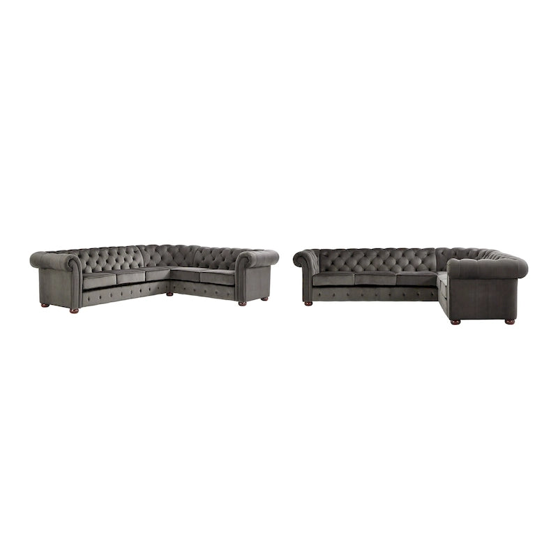 Divano Sezionale Chesterfield a L a 6 Posti – Velluto / Lino / Pelle