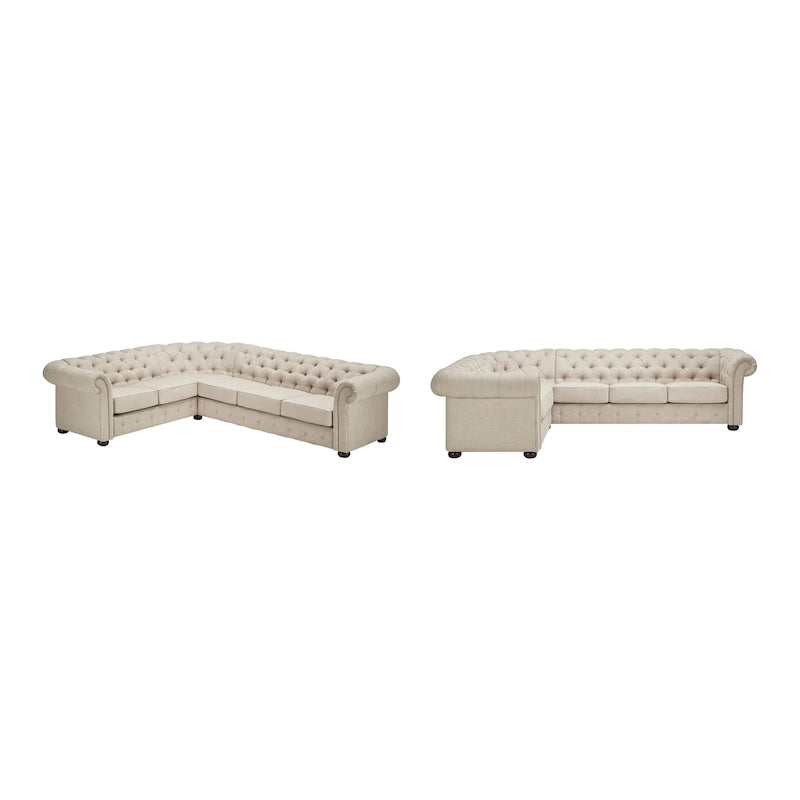 Divano Sezionale Chesterfield a L a 6 Posti – Velluto / Lino / Pelle