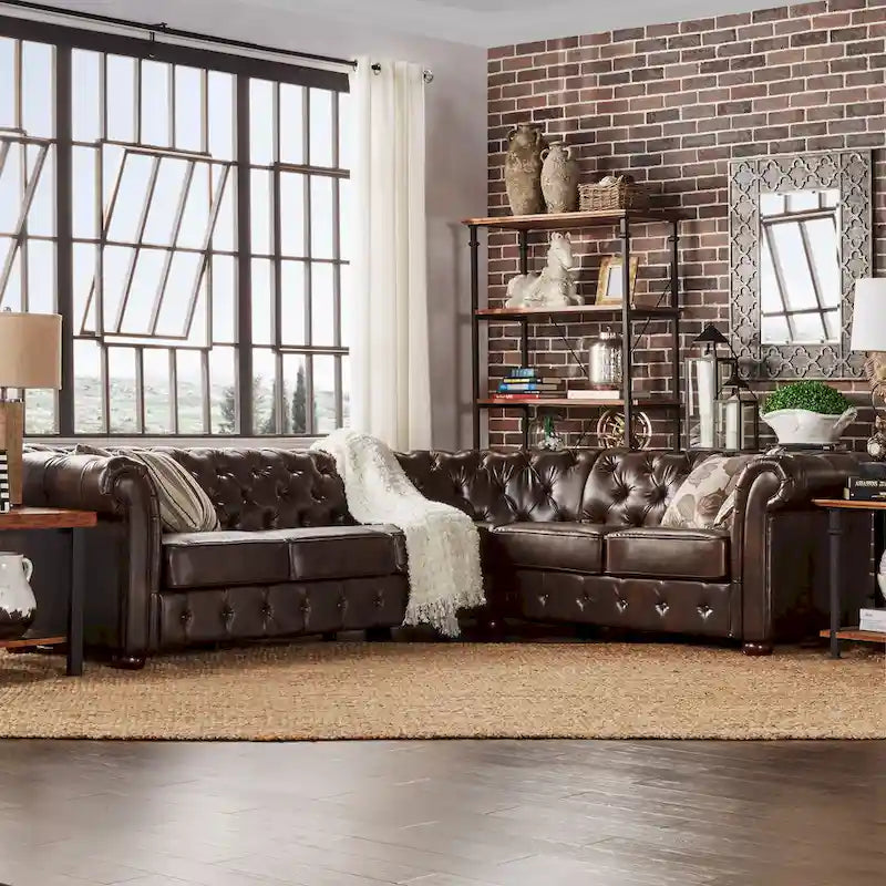Divano Sezionale Chesterfield a L a 6 Posti – Velluto / Lino / Pelle