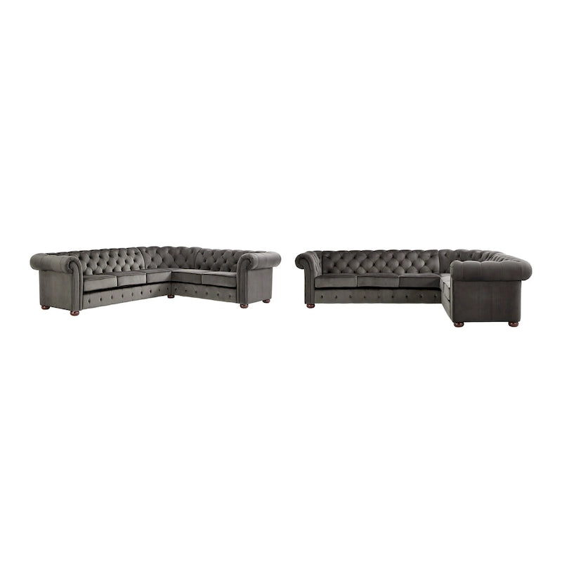 Divano Sezionale Chesterfield a L a 6 Posti – Velluto / Lino / Pelle
