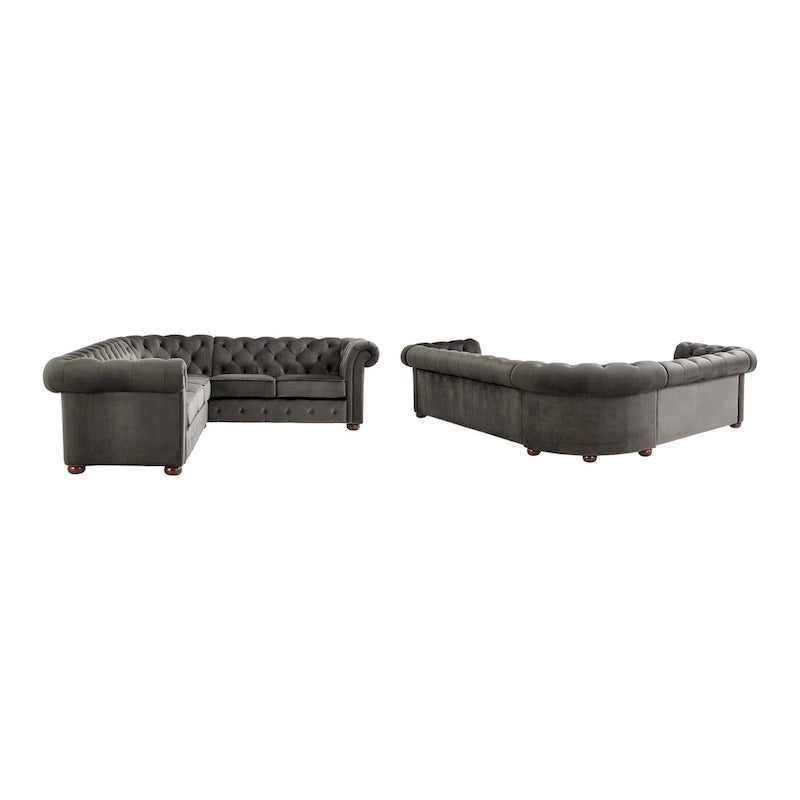 Divano Sezionale Chesterfield a L a 6 Posti – Velluto / Lino / Pelle
