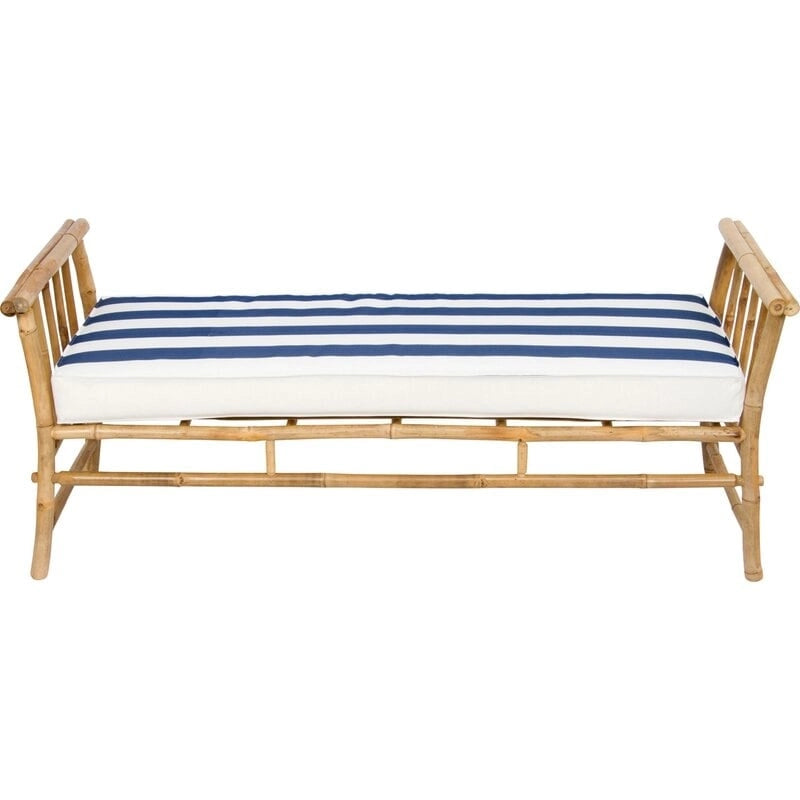Panca Pouf in bambù marrone naturale con cuscino a righe blu e bianche, seduta singola