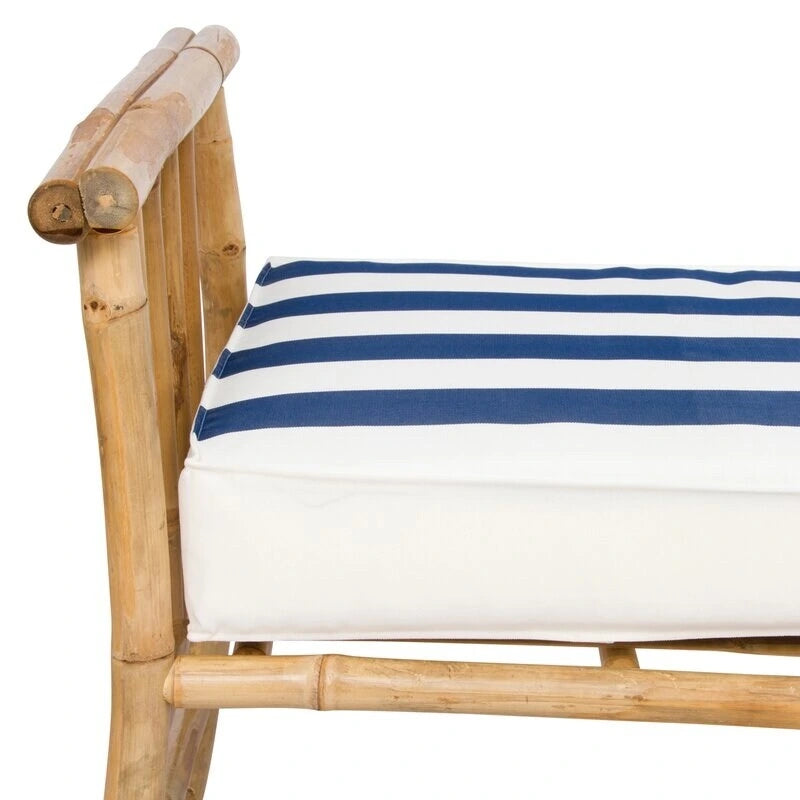 Panca Pouf in bambù marrone naturale con cuscino a righe blu e bianche, seduta singola