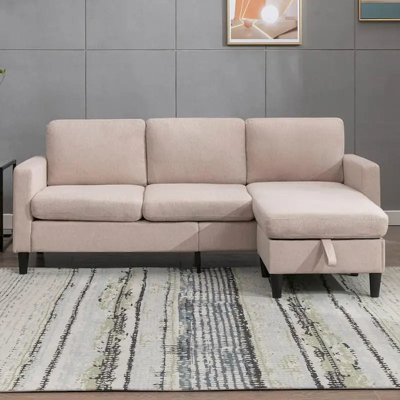 Divano sezionale a L reversibile grigio chiaro/beige/grigio scuro con pouf contenitore, 3-4 posti