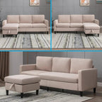Divano sezionale a L reversibile grigio chiaro/beige/grigio scuro con pouf contenitore, 3-4 posti