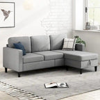 Divano sezionale a L reversibile grigio chiaro/beige/grigio scuro con pouf contenitore, 3-4 posti