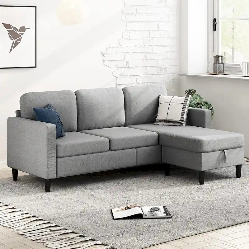 Divano sezionale a L reversibile grigio chiaro/beige/grigio scuro con pouf contenitore, 3-4 posti