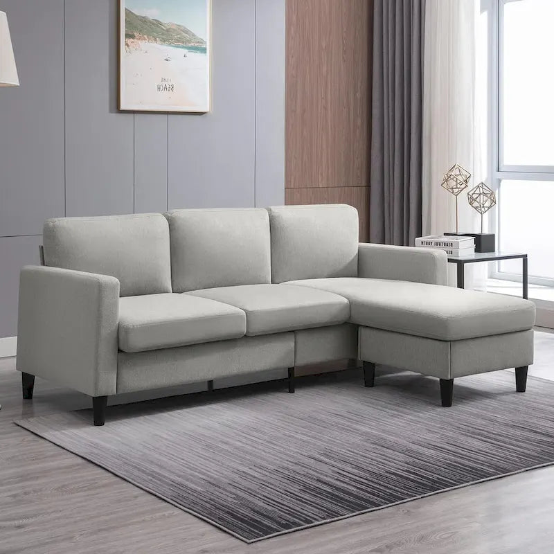 Divano sezionale a L reversibile grigio chiaro/beige/grigio scuro con pouf contenitore, 3-4 posti