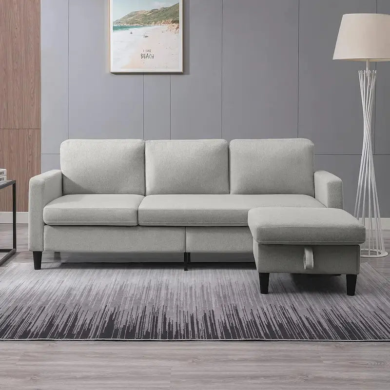 Divano sezionale a L reversibile grigio chiaro/beige/grigio scuro con pouf contenitore, 3-4 posti