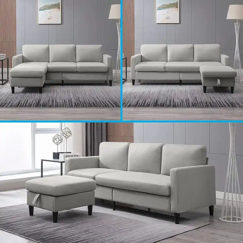 Divano sezionale a L reversibile grigio chiaro/beige/grigio scuro con pouf contenitore, 3-4 posti