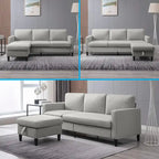 Divano sezionale a L reversibile grigio chiaro/beige/grigio scuro con pouf contenitore, 3-4 posti
